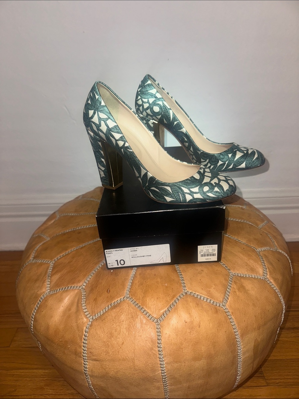 J crew Floral Green and Cream Patterned Block Heel Pumps